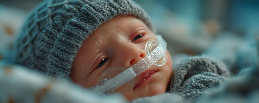 Newborn Infant with CPAP Mask, Medical Care, Premature baby - Powered by Adobe