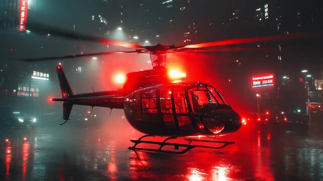 Sleek Black Helicopter on a Wet Tarmac at Night Illuminated by Red Lights.