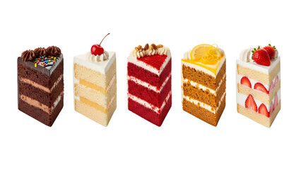 Slice of Cake on plate top view with transparent background, Slice different Cake pieces, close up of cake slices isolated on white background, collection of cake slices	