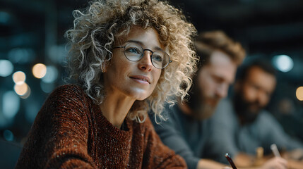 Medium focused shot on a conference table with one privacy expert reviewing documents while blurred team members discuss data collaboration strategies for brand and publisher