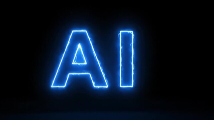 Glowing blue letters form the acronym AI, showcasing high-tech animation with vibrant energy. Dark background enhances visibility of animated text - Powered by Adobe