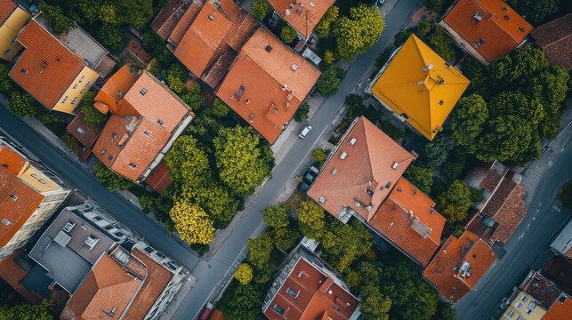 Aerial view looking down on european town rooftops