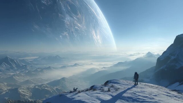 Cloud floats over snow and mountain. Astronaut stands alone. Explorer stares into space sky where planet glows. Future solitude grows in snow and space. Astronaut breathes cold air of planet future