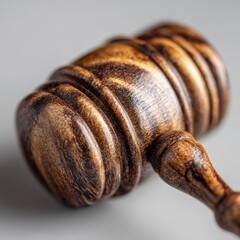 Dramatic Close-Up of a Judges Gavel, Highlighting Rich Wood Grain and Authoritative Form.