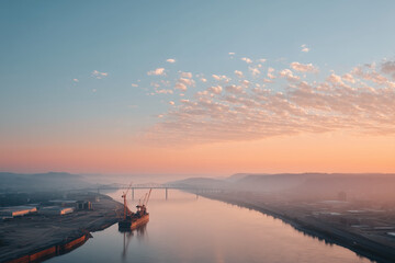 Bridge Construction Over River at Dusk
