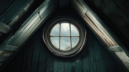 Round attic window looking out to cloudy sky
