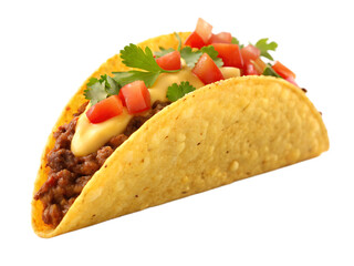 Isolated image of a taco with beef cheese tomatoes and cilantro on a crispy yellow corn shell taco