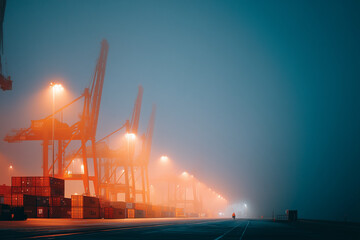 Container Port at Night with Cranes