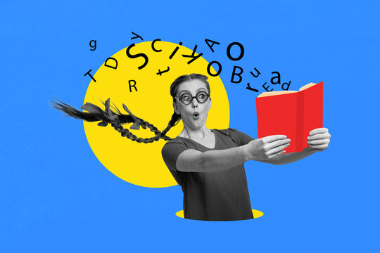Artwork sketch banner full 3d collage of shocked geek girl hold book glossary letters education library bookworm concept