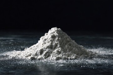 Dramatic Close-Up of White Powder Pile on Dark Reflective Surface.