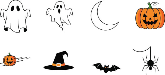 Halloween themed vector art featuring ghosts and pumpkins
