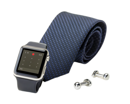 A navy blue tie with a smart watch displaying numbers and cufflinks on a black background surface