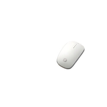 A sleek white wireless mouse isolated on a black background with a simple and modern design aesthetic