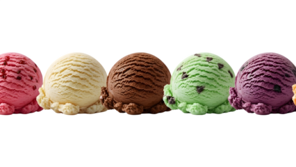 Ice cream scoop ball on transparent background cutout, top view. PNG file. Many assorted different flavour Mockup template for artwork design.	