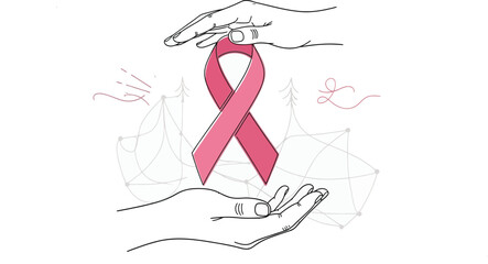 Pink ribbon for breast cancer awareness held by two hands