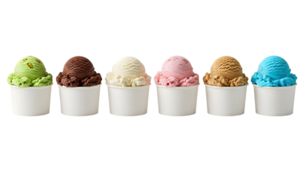 Ice cream scoop ball on transparent background cutout, colorful ice cream scoop in bow, top view. PNG file. Many assorted different flavour Mockup template for artwork design.	