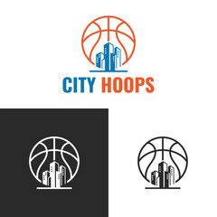 City hoops basketball logo design with urban skyline