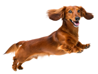 A long haired dachshund with brown fur happily leaping in the air on a transparent background