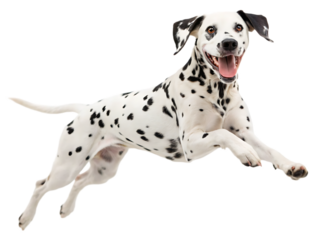 A happy dalmatian dog mid jump with its tongue out and black spots on a white coat on a black background