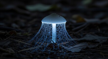 A magical, glowing bioluminescent mushroom illuminates a dark forest floor, with its mycelium network also glowing with an ethereal blue light.