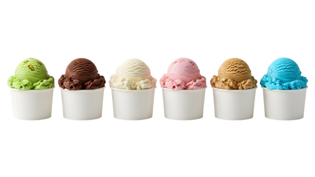 Ice cream scoop ball on transparent background cutout, colorful ice cream scoop in bow, top view. PNG file. Many assorted different flavour Mockup template for artwork design.	