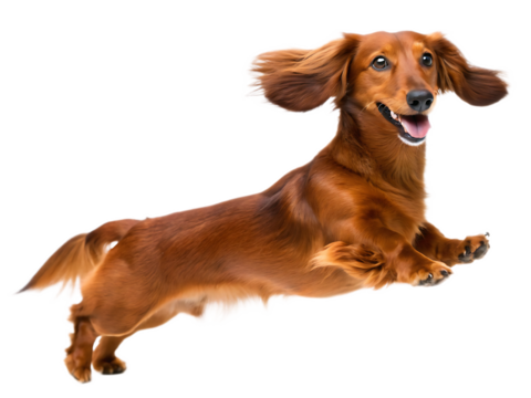 A long haired dachshund with brown fur happily leaping in the air on a transparent background