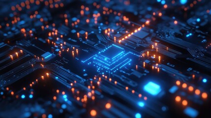 Obraz premium Digital circuit board with glowing processor and data flow