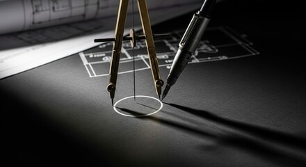 A drafting compass meticulously draws a perfect circle on dark paper, symbolizing precision, architecture, and design, with blueprints in the background.