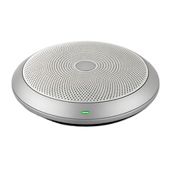 A silver round speaker with a perforated metal grill and a green light indicator on a black background