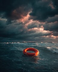 Dramatic Seascape - Orange Lifebuoy Amidst Stormy Waves and Ominous Clouds at Sunset.