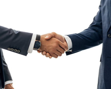 A close up shot of two business people shaking hands wearing suits in front of a black background