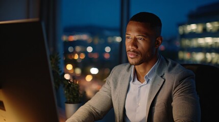 African American Man Working Late Night in Modern Office with Confidence