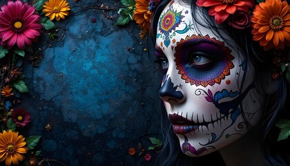Sugar skull face paint for Halloween or Dia de los Muertos, festive banner with text space