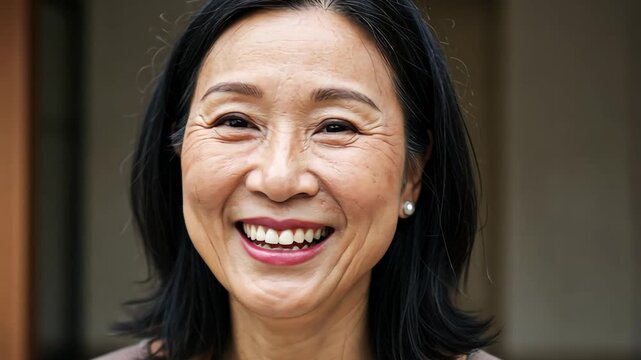 Smiling woman with dark hair and pearl earrings