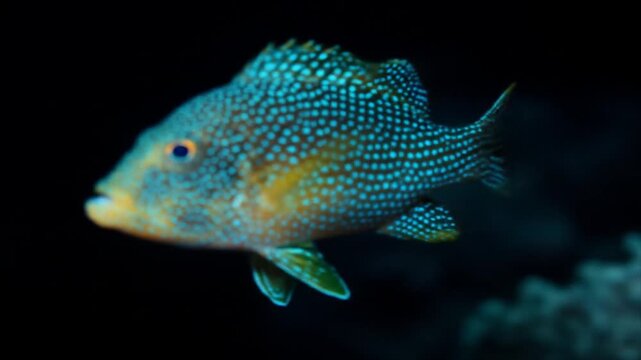 Colorful dotted fish swimming in dark water underwater aquatic scene
