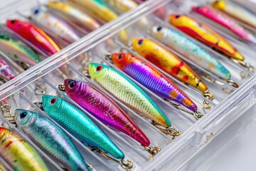 Colorful fishing lures arranged neatly in a transparent box, showcasing vibrant hues and intricate designs, ideal for anglers seeking effective bait options for various fishing conditions