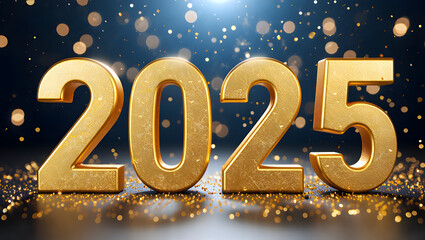 Golden 3d numbers 2025 glistening with bokeh lights celebrate new year and future