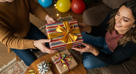 Man giving gift to woman. Woman receiving present from man. Holiday celebration and special occasion concept.