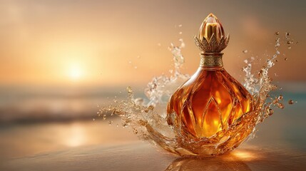 Golden Perfume Bottle Splashing Sunset Beach