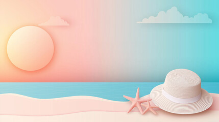 Cute cartoon vector illustration in flat style of Sandy beach with shells, starfish,straw hat , Landscape and rising sun in the sky with soft pastel colors summer dawn.