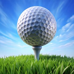 3d golf ball on tee with lush green grass and sky