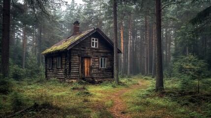 Rustic wooden cabin in the forest surrounded by tall trees  