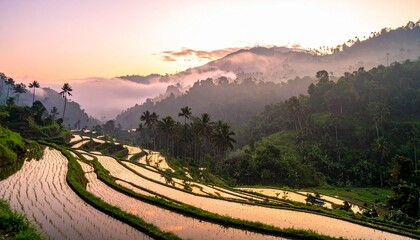 Obraz premium Sunrise Reflections on Rice Paddies in Mountain Valley