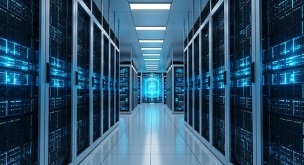 Aisle of server racks in a modern data center with glowing blue lights server room servers