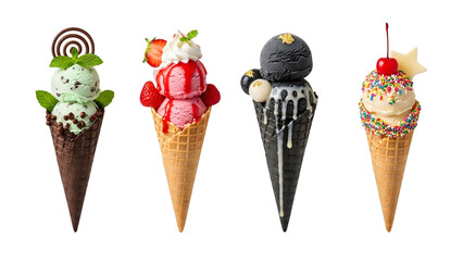 Ice cream cones on isolated background. Generative AI, collection of delicious ice cream in waffle cone, isolated on transparent background cutout, png different flavors mockup for design	