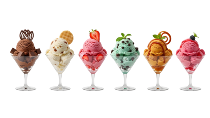 Ice cream scoop ball on transparent background cutout, colorful ice cream scoop in bow, top view. PNG file. Many assorted different flavour Mockup template for artwork design.	