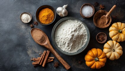 Autumnal baking ingredients arranged on dark surface