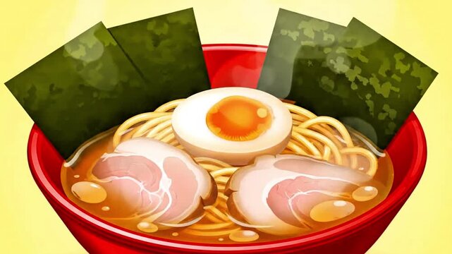 Video, vector, illustration of ramen with a yellow background, Japanese noodle dish