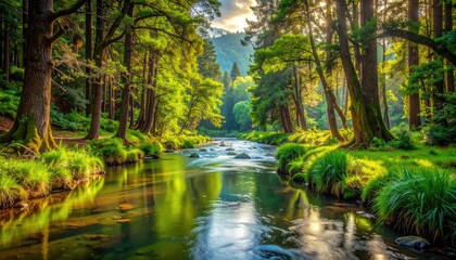 Obraz premium A sunlit river flows through a lush forest, creating a peaceful scene