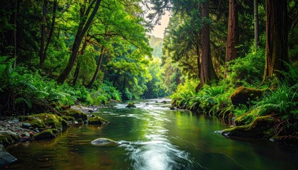 Obraz premium Serene river flows through a lush green forest, bathed in sunlight